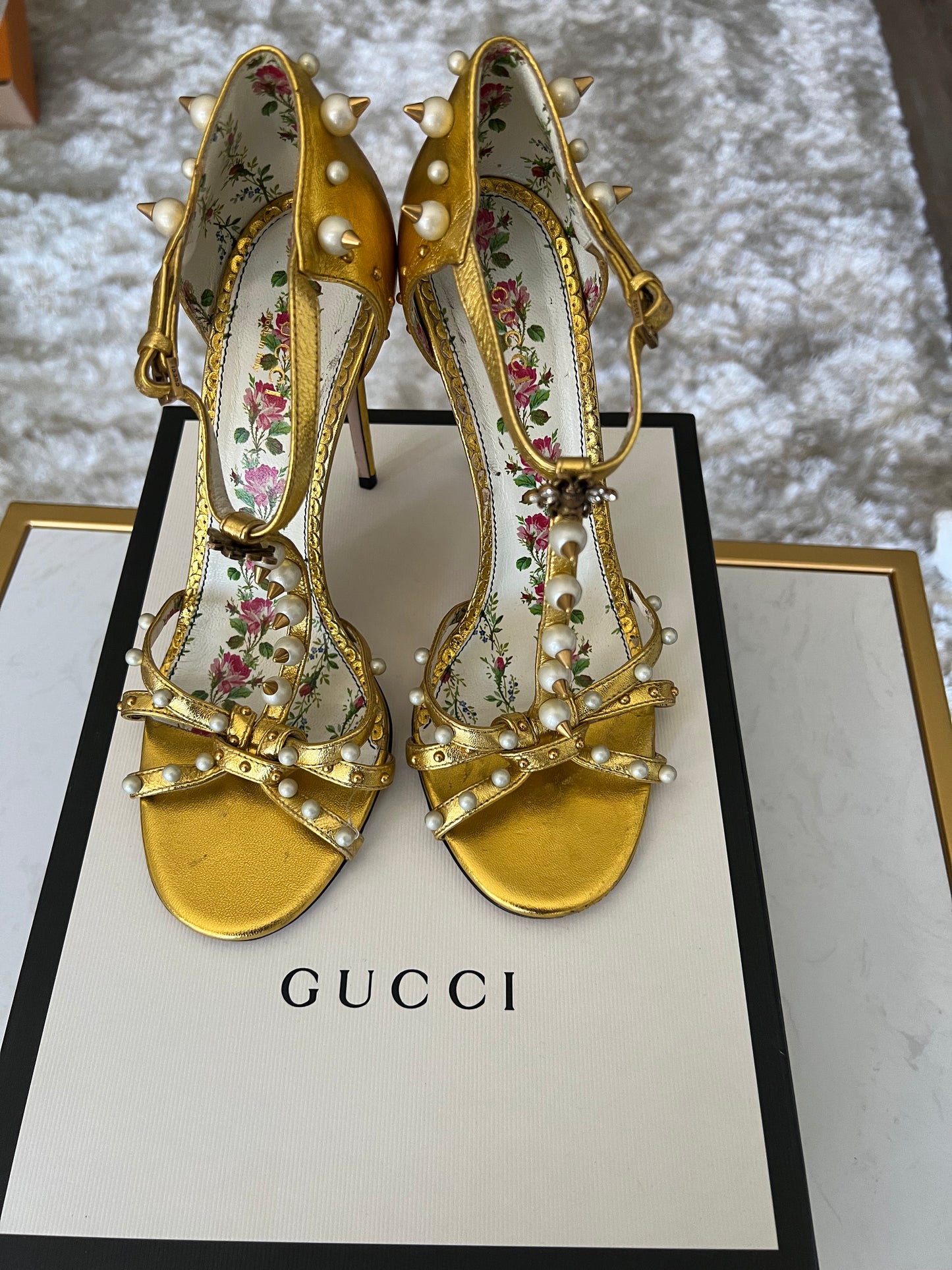 Gucci Regina Pearl Studded Gold Stiletto Heel