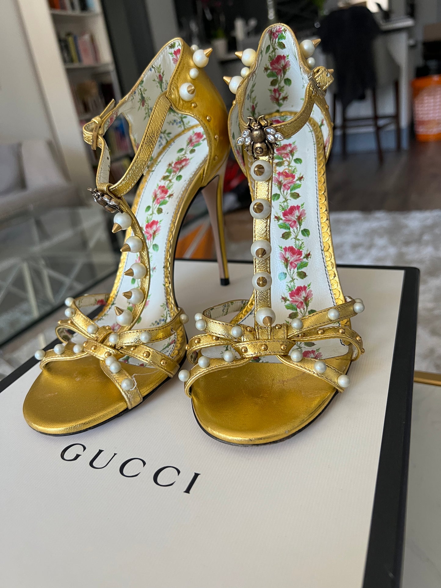 Gucci Regina Pearl Studded Gold Stiletto Heel