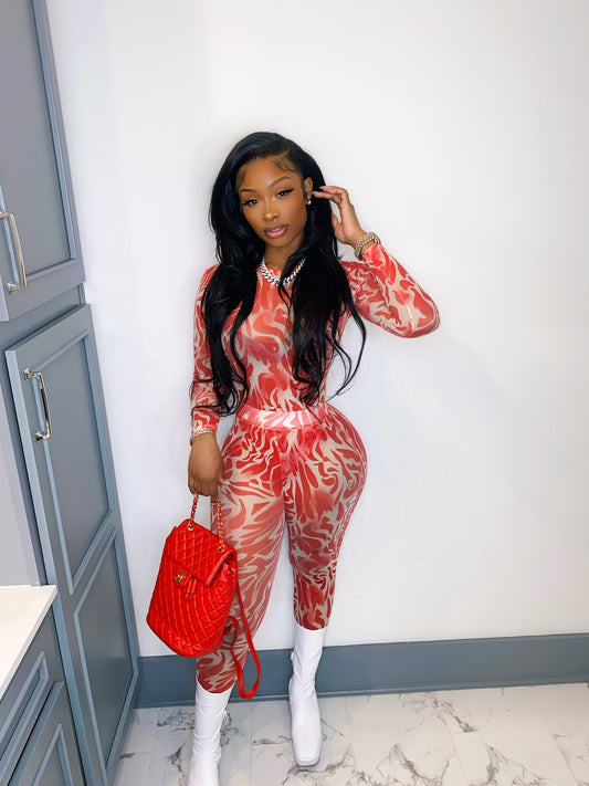 Red printed long sleeve two piece mesh set